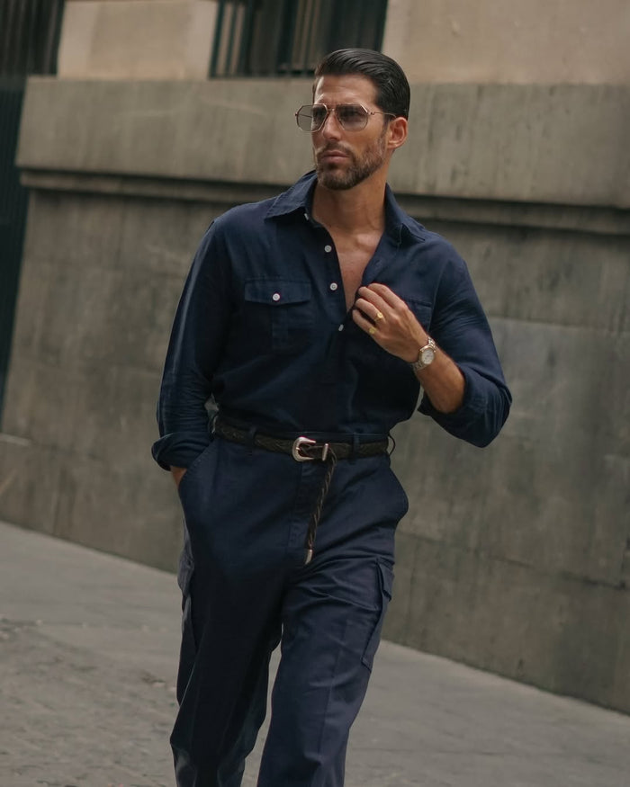 Navy Cotton Twill High Rise Cargo Pant