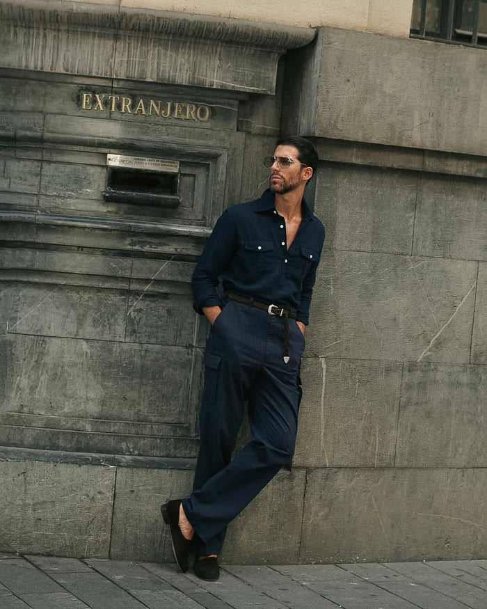 Navy Cotton Twill High Rise Cargo Pant