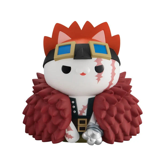 Eustass Kid figurine with red hair and fur, wearing goggles and a red outfit on a white background - front view