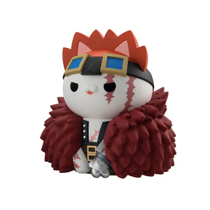 Eustass Kid figurine with red hair and fur, wearing goggles and a red outfit on a white background - side view
