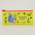 Yellow pencil case with a cartoon squirrel and floral designs on a white background
