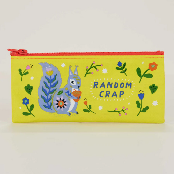Yellow pencil case with a cartoon squirrel and floral designs on a white background