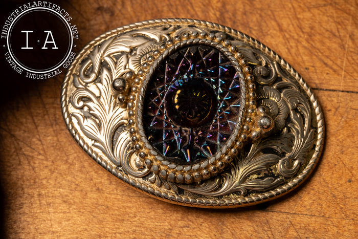 Ornate Belt Buckle with Carnival Glass Center