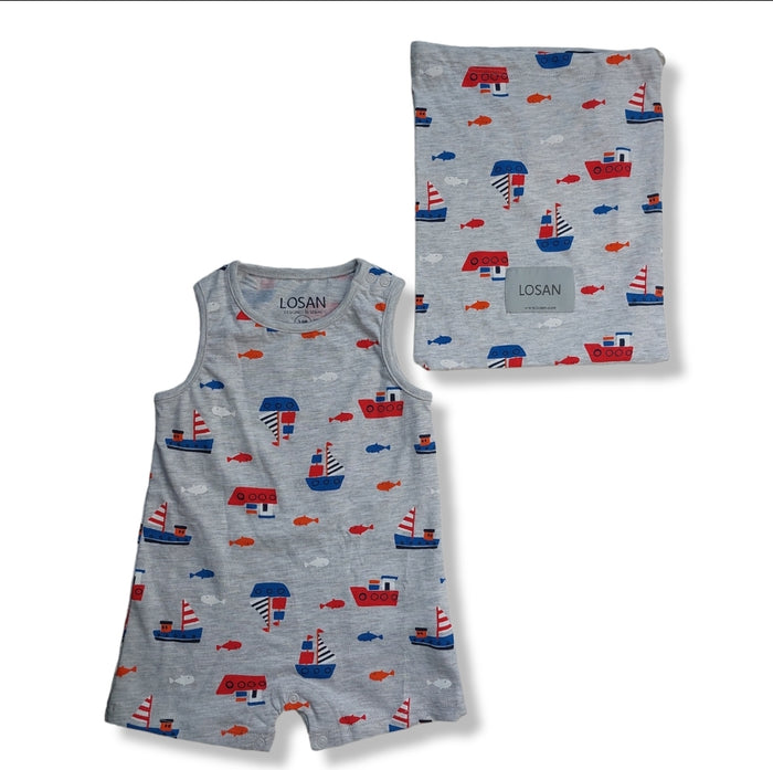 Pañalero Gris Estampado Barcos Para Bebé Niño Losan