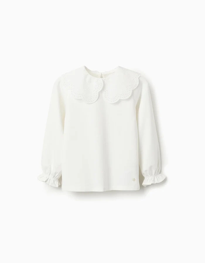 Playera De Manga Larga Con Cuello De Bordado Inglés Para Niña Blanco ZIPPY