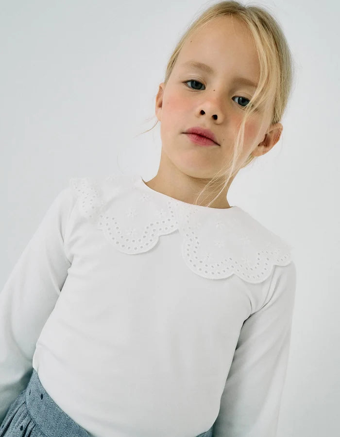 Playera De Manga Larga Con Cuello De Bordado Inglés Para Niña Blanco ZIPPY