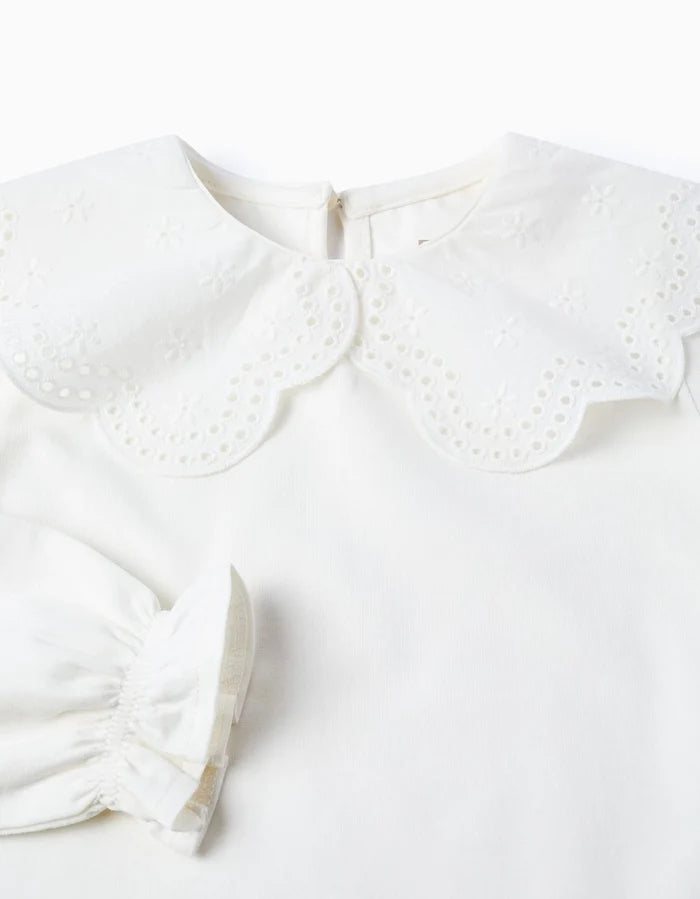 Playera De Manga Larga Con Cuello De Bordado Inglés Para Niña Blanco ZIPPY