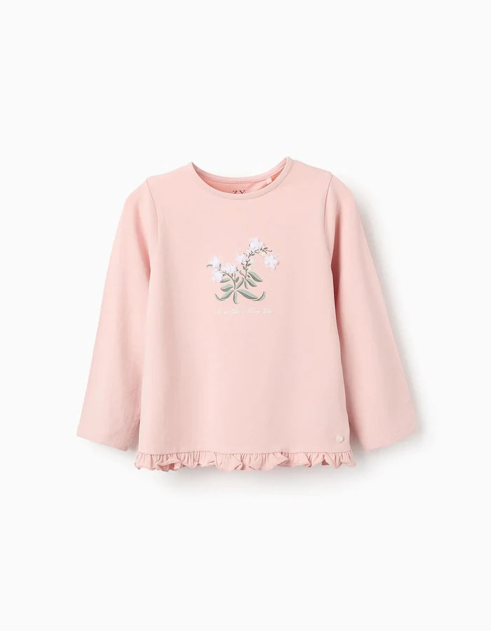 Playera De Manga Larga Con Volantes y Flores En 3D Para Niña Rosa ZIPPY