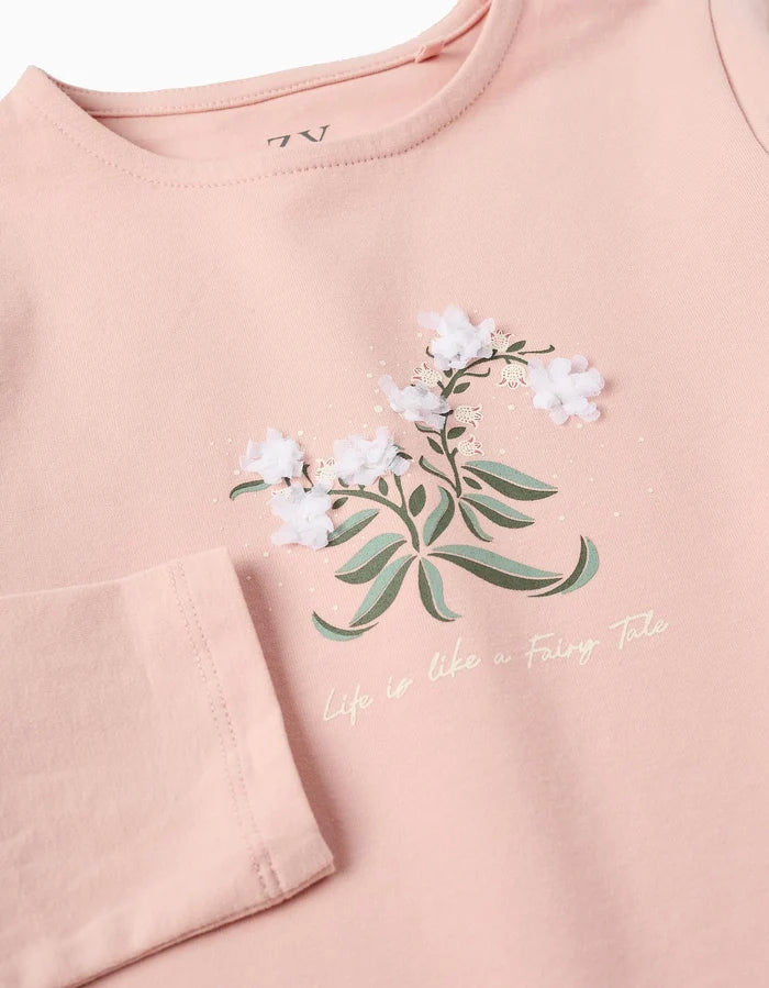 Playera De Manga Larga Con Volantes y Flores En 3D Para Niña Rosa ZIPPY