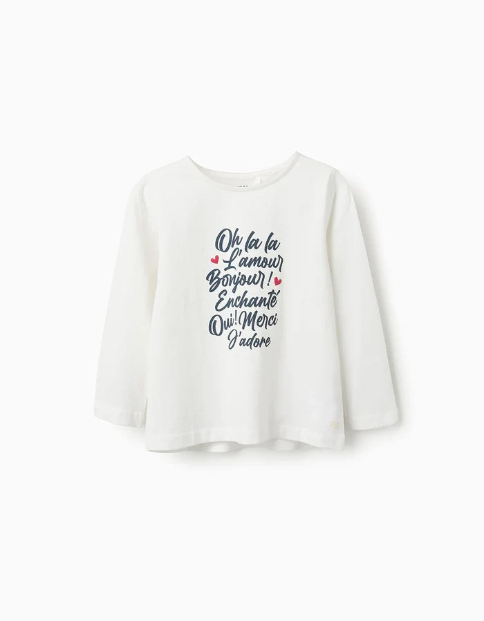 Playera De Manga Larga De Algodón Para Niña "Oh La La" Blanco ZIPPY
