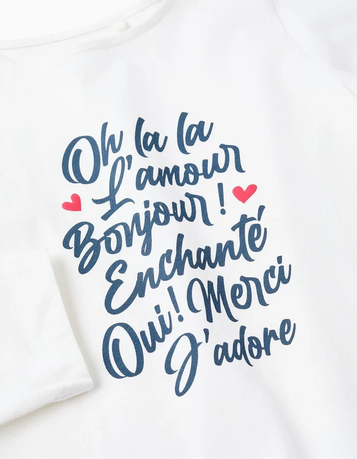 Playera De Manga Larga De Algodón Para Niña "Oh La La" Blanco ZIPPY