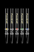 A studio shot of the 5 Pulsar Dab Straws with Spin Pearls arranged vertically against a black background.