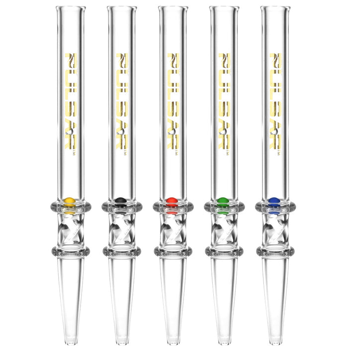 A studio shot of the 5 Pulsar Dab Straws with Spin Pearls, arranged vertically against a plain white background.