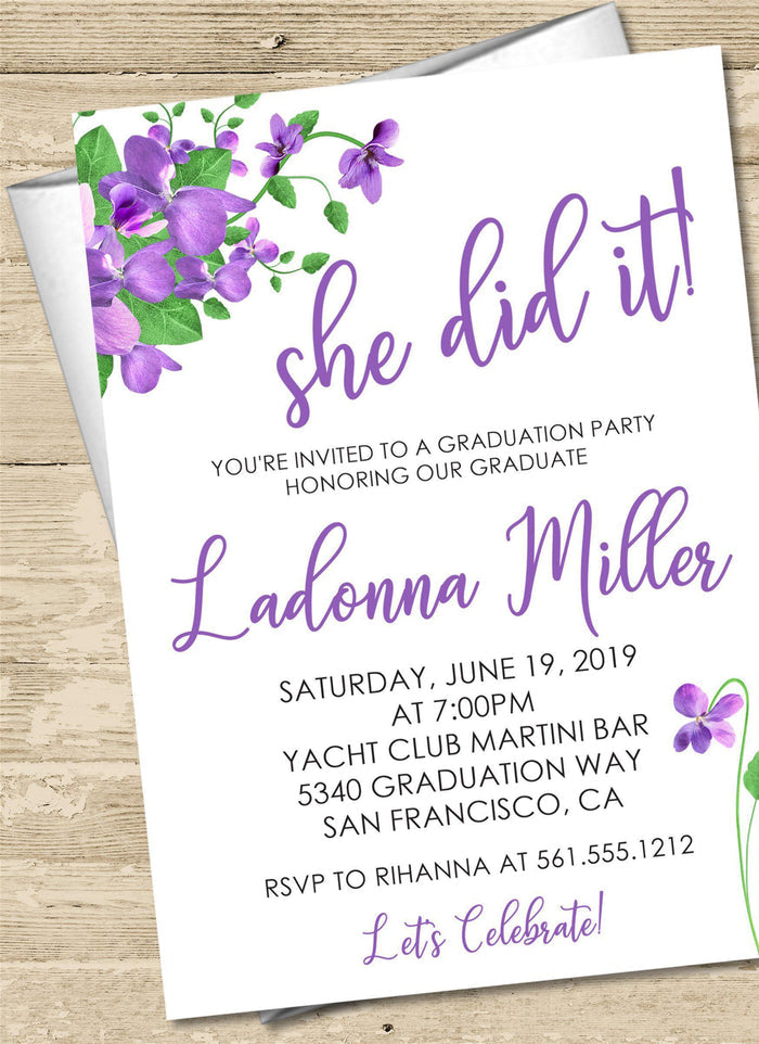 Elegant purple floral graduation party invite