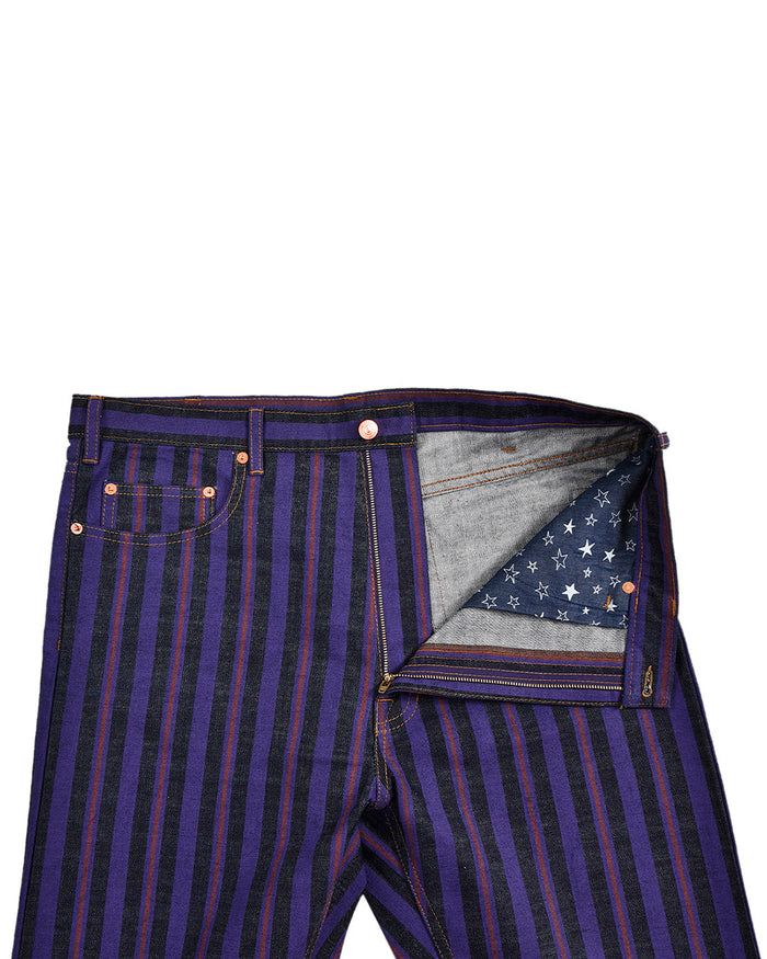 Purple Stripes On Indigo Denim Jeans