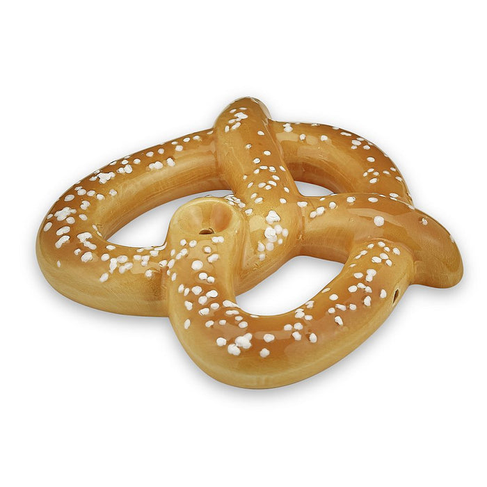 Front view of the Roast & Toast Hot & Salty Pretzel Pipe, a tan, twisted glass pipe resembling a soft pretzel.