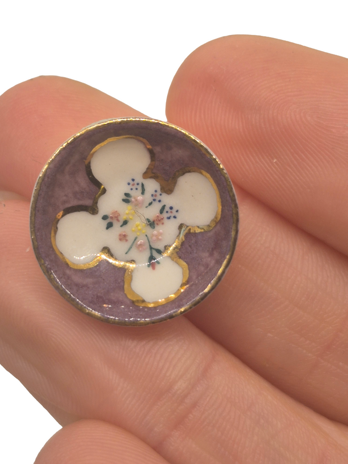 Ron Benson – Purple Porcelain Round Bowl w/ Handpainted Florals