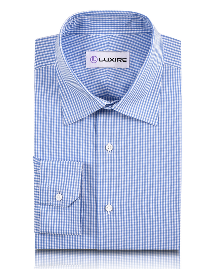 Front view of custom check shirts for men by Luxire sky blue gingham