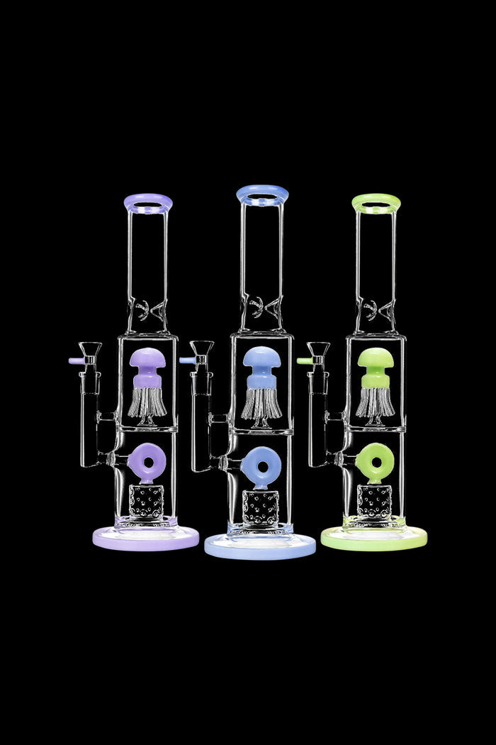 Front view of the Dual Chamber Jellyfish Perc Water Pipe, a tall glass piece with a curved design on a black background.