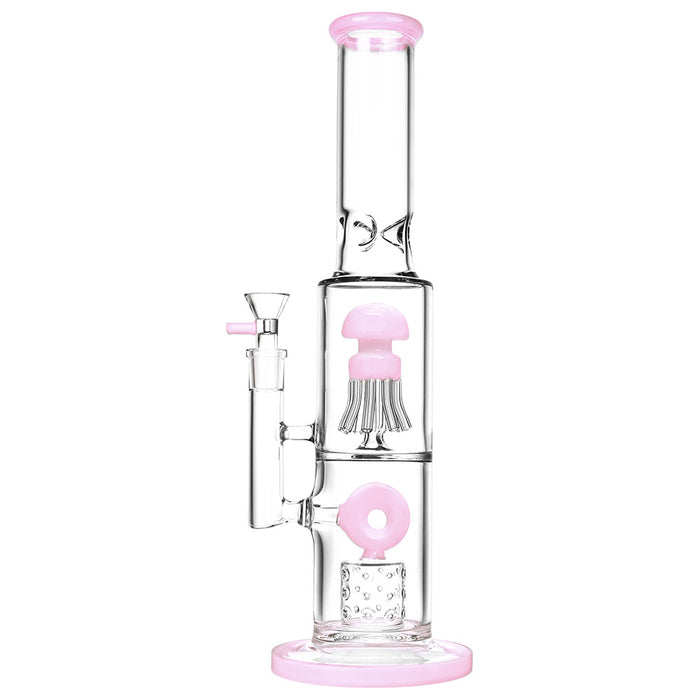 A front view of the Dual Chamber Jellyfish Perc Water Pipe, showcasing its clear glass construction and jellyfish-shaped perc diffuser.