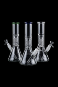 Front-facing trio of clear glass Stack​ed Showerhead Perc Beaker Bong pieces on a black background, each with a colored rim and visible percolator.