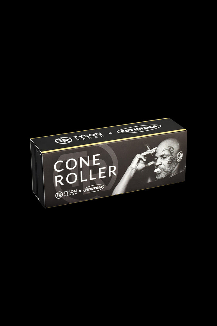 A close-up, angled view of the Tyson Ranch x Futurola Cone Roller, showing its black casing and simple, cylindrical shape.
