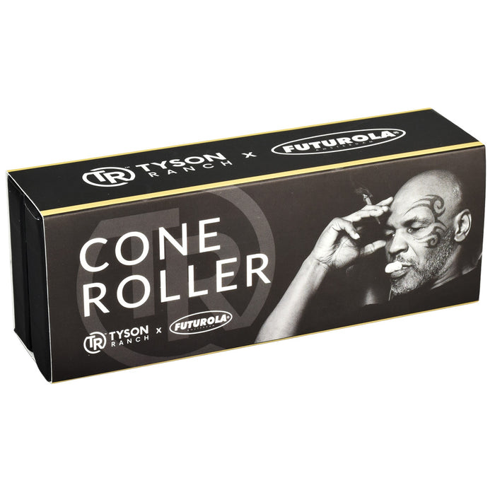Front view of the Tyson Ranch x Futurola Cone Roller, highlighting its sleek design and branded logo on a dark background.