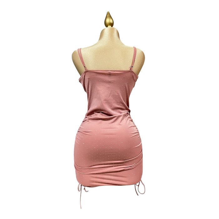 Vestido Cristales Pliegue Liso Color Rosa Palo Om