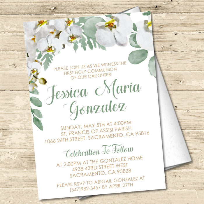 Floral first holy communion invitation for girls with white orchids