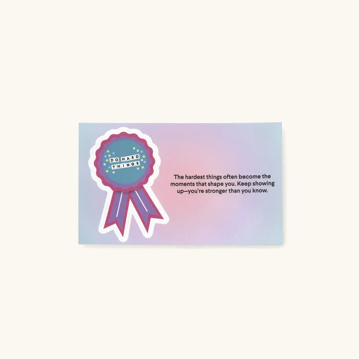 Do Hard Things September Word of the Month card with a pink and purple award ribbon illustration and an encouraging message about showing up