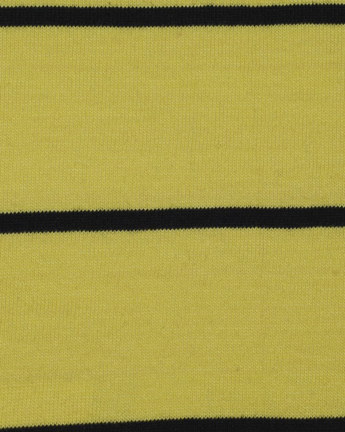 Close up of the custom oxford polo shirt for men by Luxire in yellow with black stripes