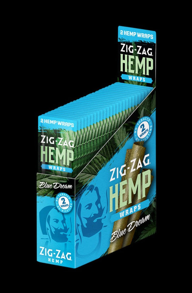 Front view of the Zig Zag Hemp Wraps packaging, showcasing the brand's logo and a colorful, textured design.